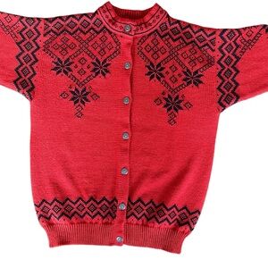 Dale Of Norway Vintage Norwegian Pure Wool Red and Black Fair Isle Sweater LG